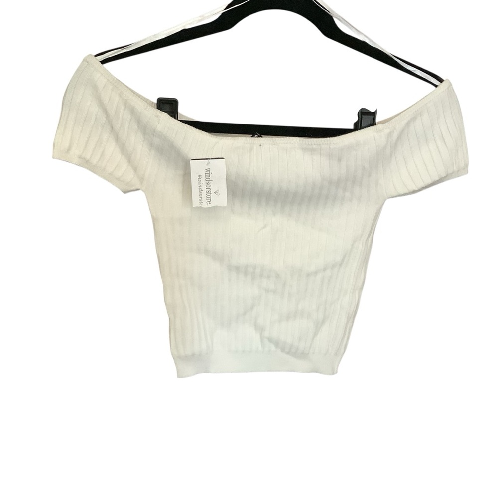 Small Off Shoulder White Ribbed Crop Top - Picture 2 of 7